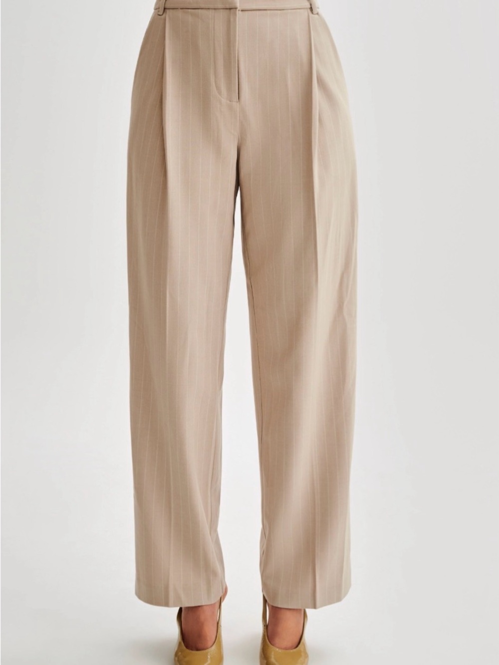Meshki- Wide Leg Pinstripe Trousers in Taupe